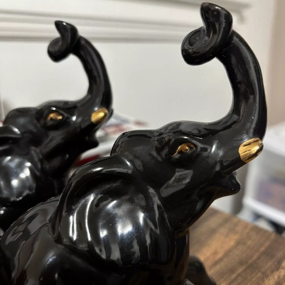 Vintage Ceramic Elephants (2) Black 1960 Gold Trunk Up Home Decor - Picture 7 of 9
